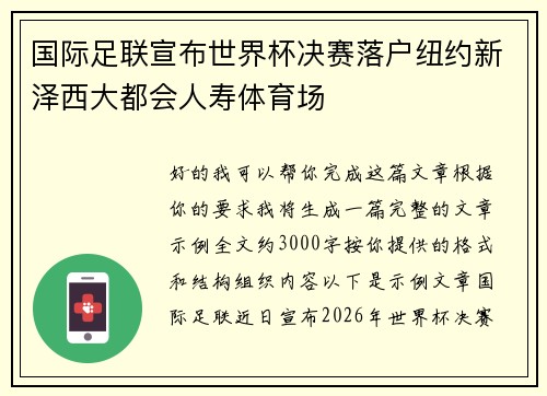 国际足联宣布世界杯决赛落户纽约新泽西大都会人寿体育场