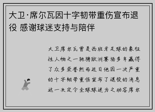 大卫·席尔瓦因十字韧带重伤宣布退役 感谢球迷支持与陪伴