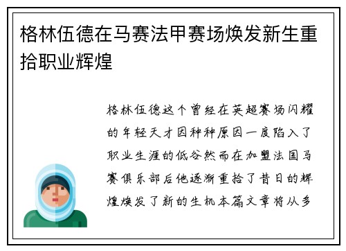 格林伍德在马赛法甲赛场焕发新生重拾职业辉煌
