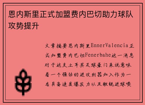 恩内斯里正式加盟费内巴切助力球队攻势提升